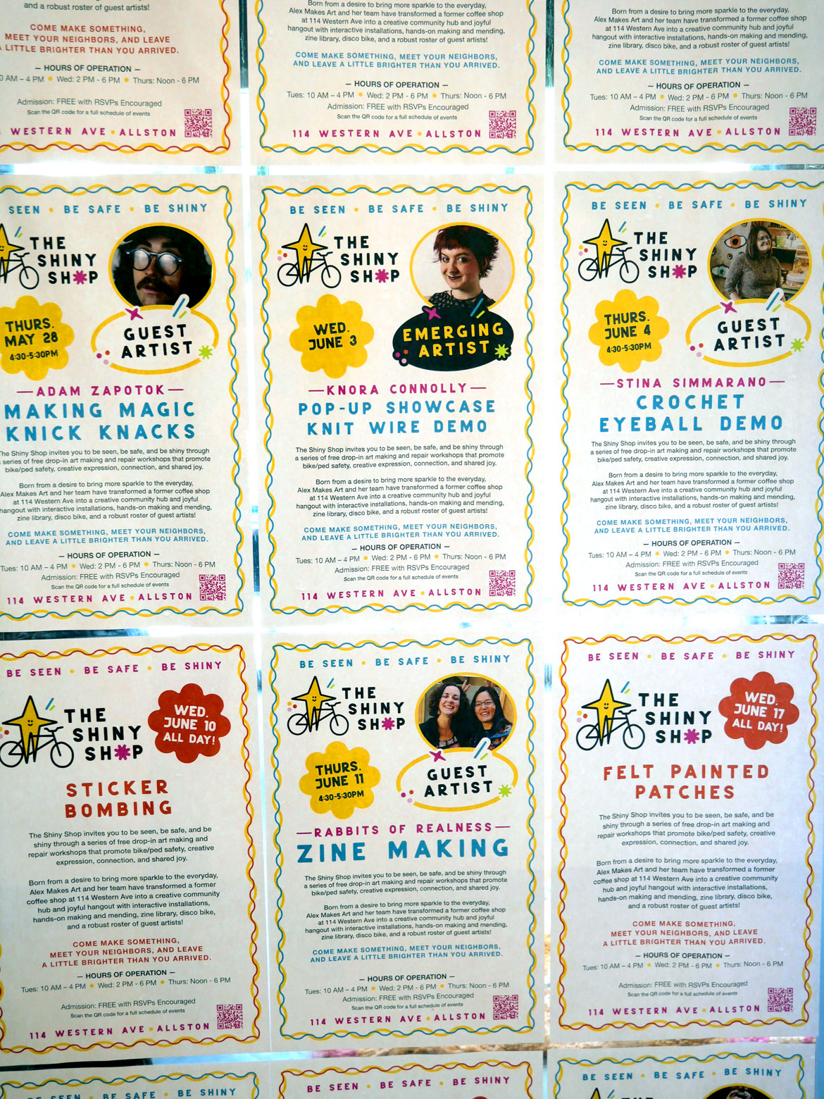Event fliers at The Shiny Shop, June 11, 2026. (©Greg Cook photo)