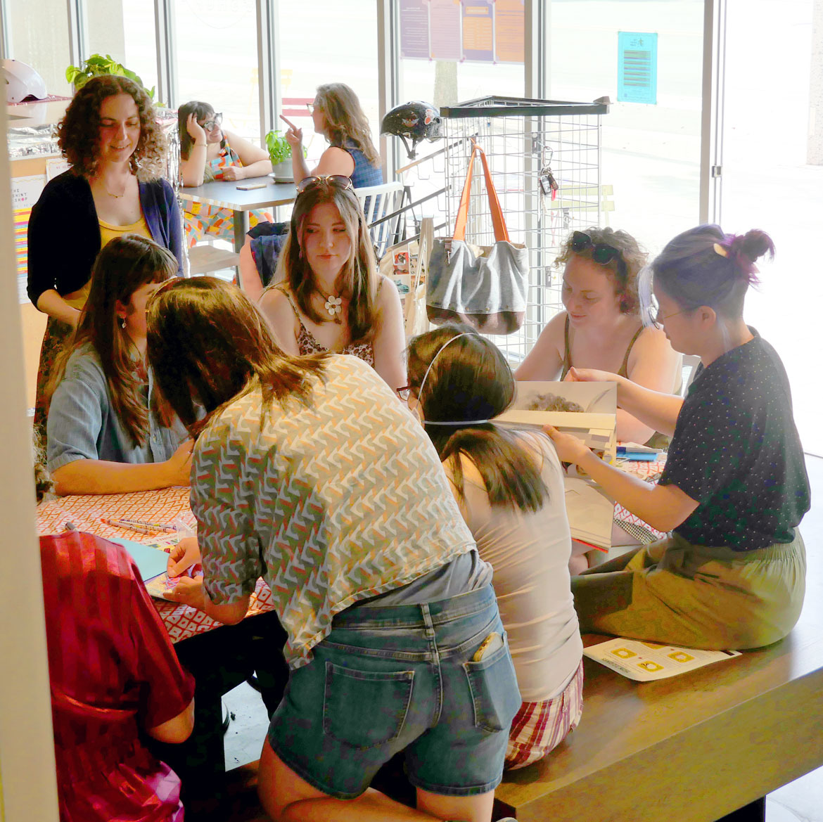 Zine-making workshop at The Shiny Shop, June 11, 2026. (©Greg Cook photo)