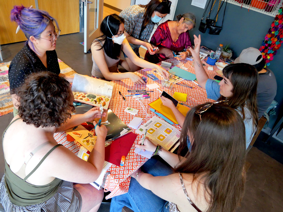 Zine-making workshop at The Shiny Shop, June 11, 2026. (©Greg Cook photo)
