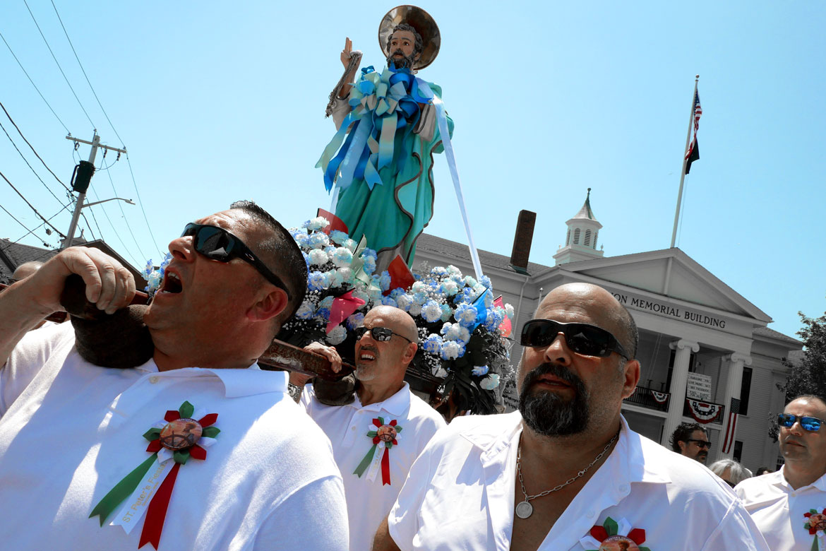 Shouting blessings during St. Peter’s Fiesta Sunday Procession, Gloucester, June 28, 2026. (©Greg Cook photo)