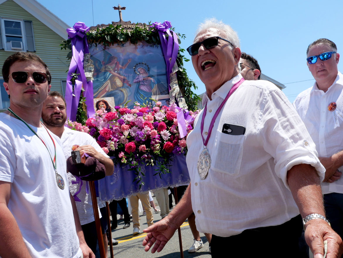 Frank Groppo shouts blessings during St. Peter’s Fiesta Sunday Procession, Gloucester, June 28, 2026. (©Greg Cook photo)