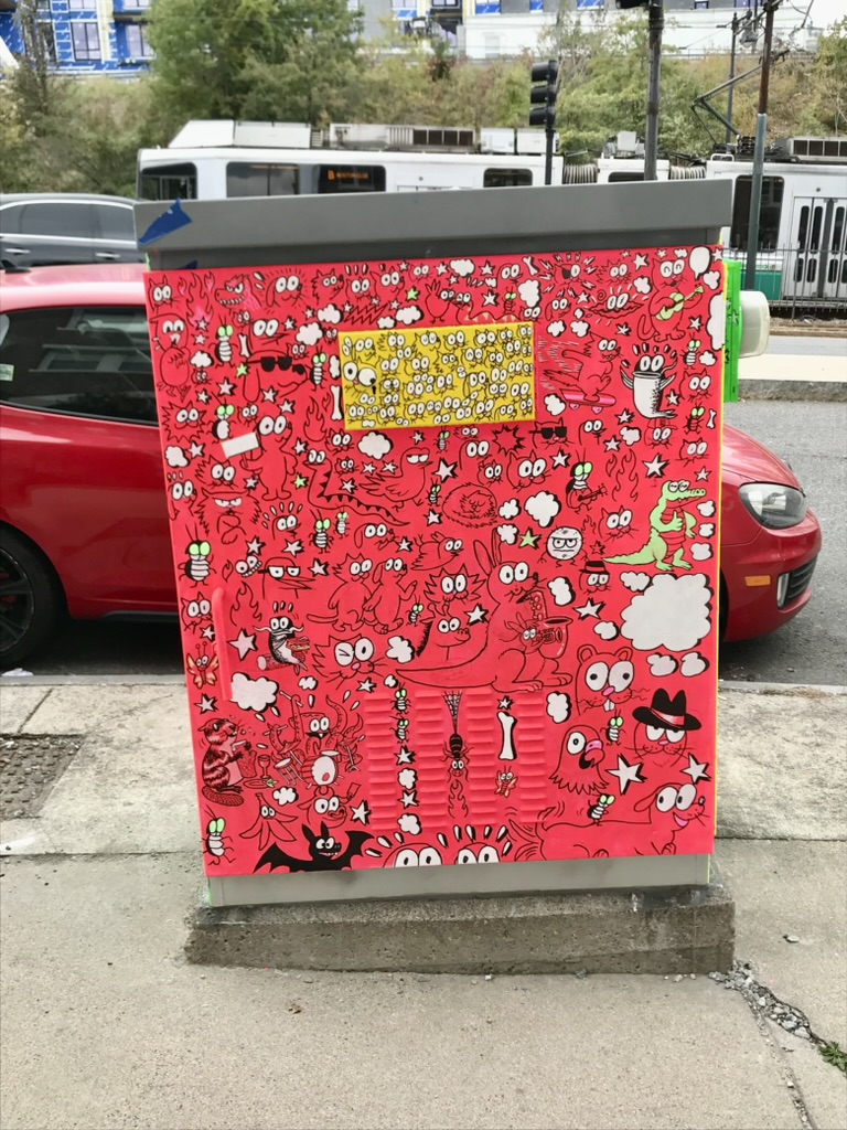 Ansis Puriņš and Blipblipbeep (Jennifer Puriņš) electrical box mural at 1504 Comm Ave., Boston, 2023.