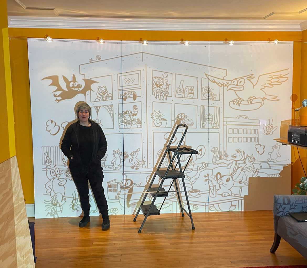 “All This, All at Once” mural by Ansis Puriņš and Blipblipbeep (Jennifer Puriņš) in progress.