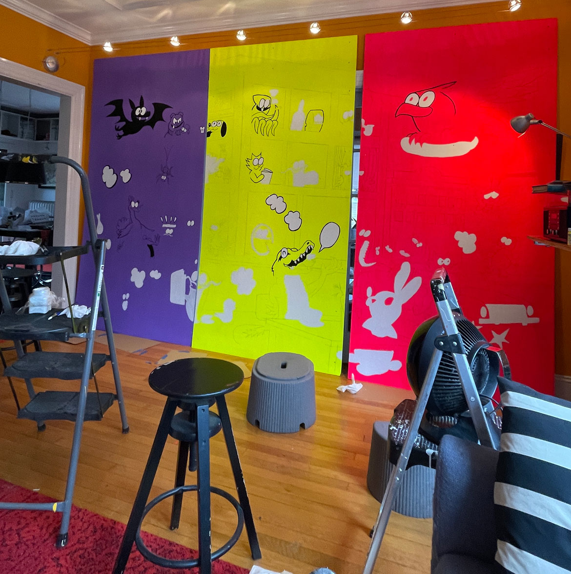 “All This, All at Once” mural by Ansis Puriņš and Blipblipbeep (Jennifer Puriņš) in progress.