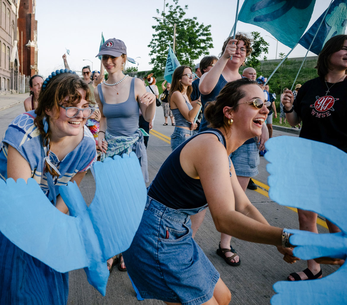 Hattie Grimm (left) at her "Bird Puppet Parade" in Milwaukee, July 1, 2026. (Elliot Young photo)