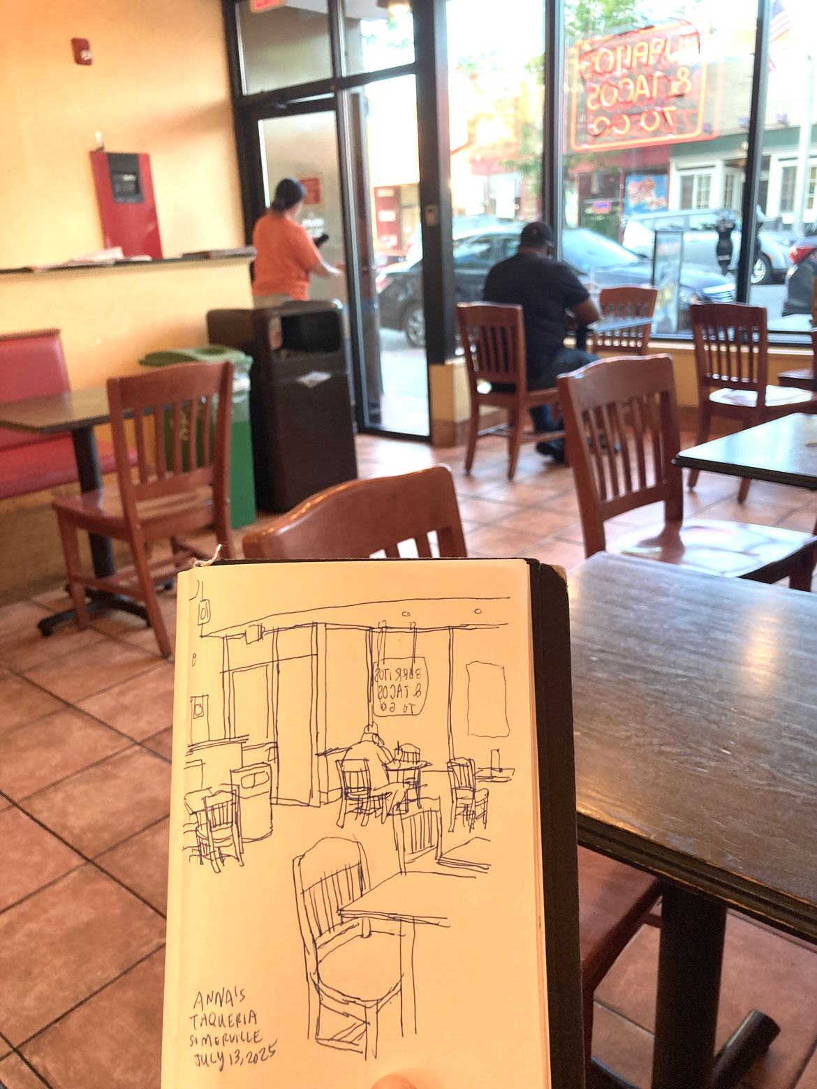 Greg Cook drawing of Anna's Taqueria, Somerville, July 13, 2025. (©Greg Cook)