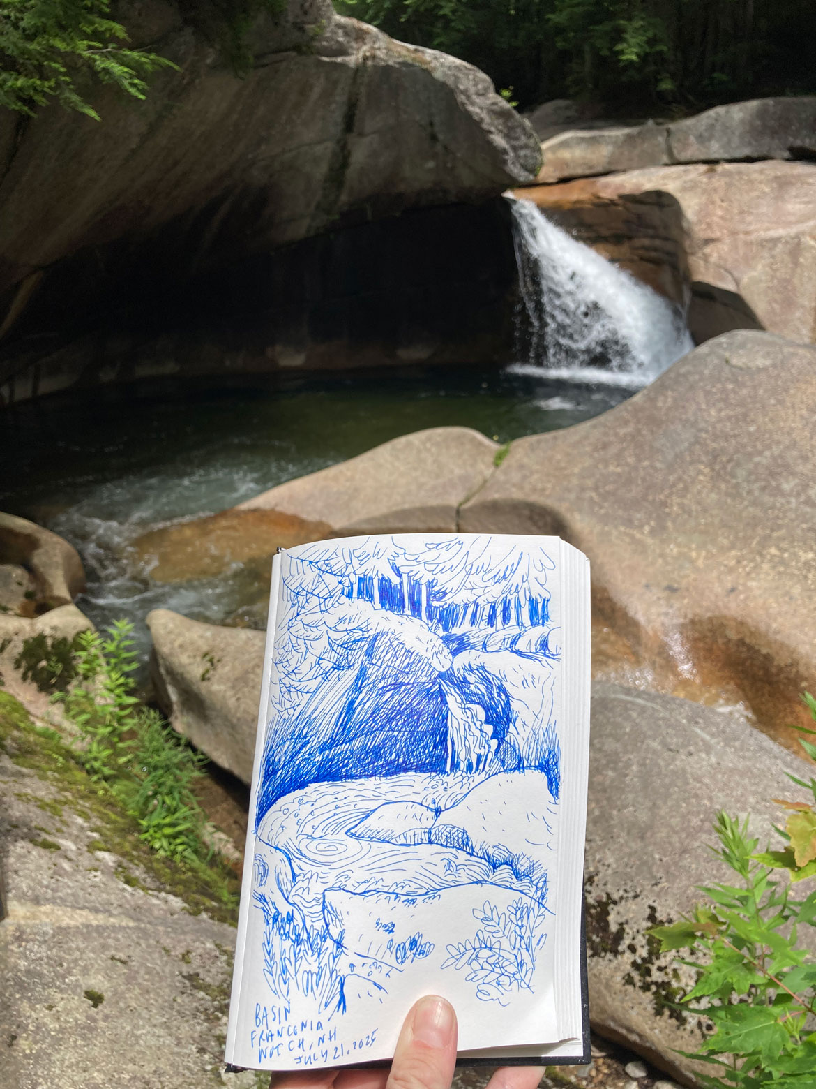Greg Cook drawing of the Basin, Franconia Notch, New Hampshire, July 21, 2025. (©Greg Cook)