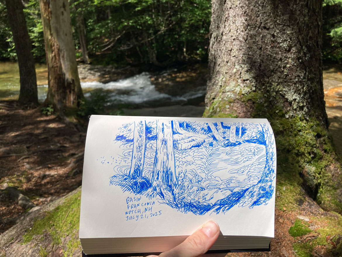 Greg Cook drawing of the Basin, Franconia Notch, New Hampshire, July 21, 2025. (©Greg Cook)