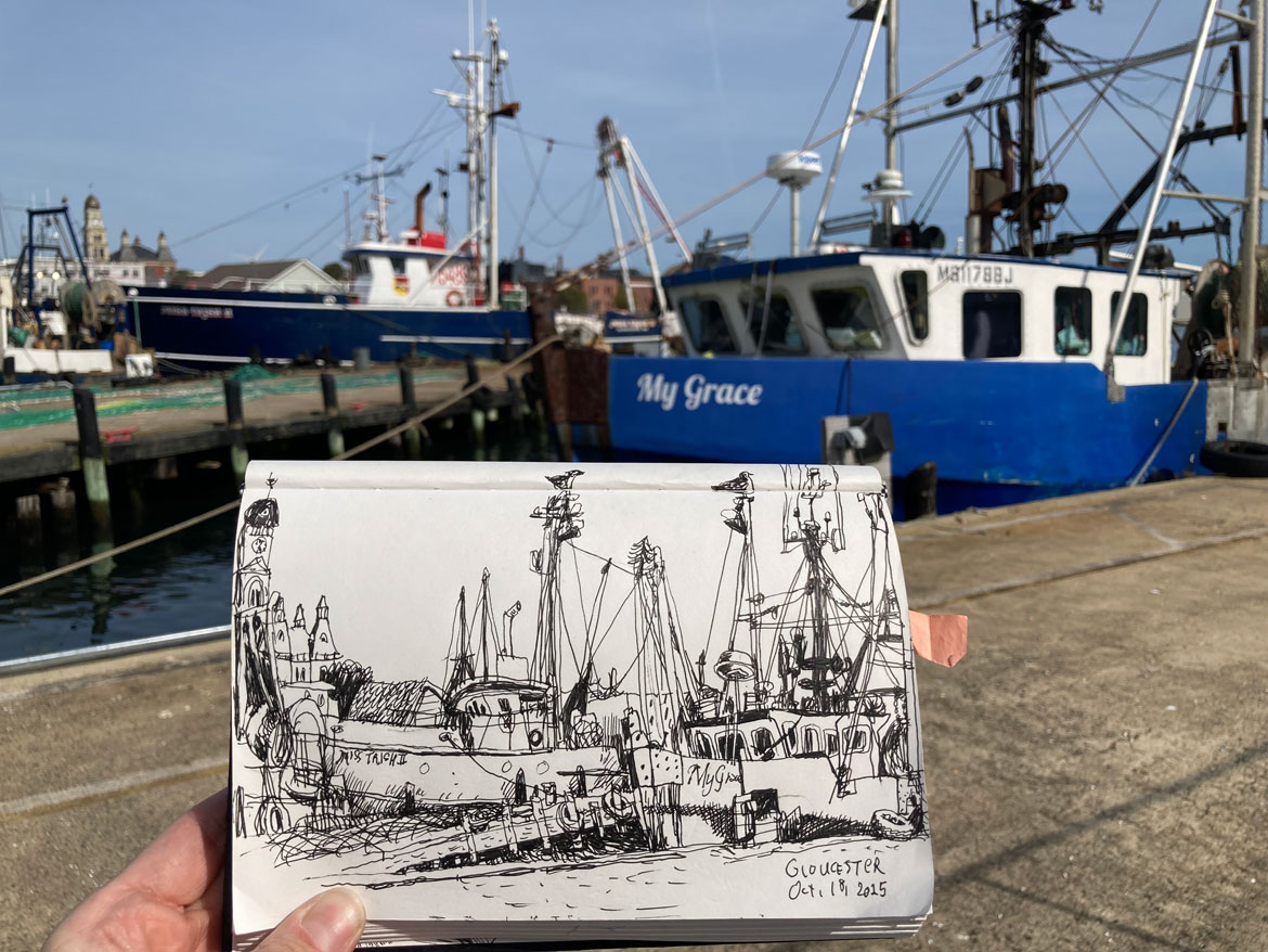 Greg Cook drawing of draggers in Gloucester harbor, Oct. 18, 2025. (©Greg Cook)