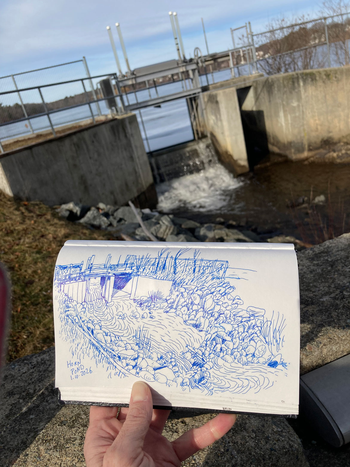 Greg Cook drawing of Horn Pond Dam, Woburn, Jan. 10, 2026. (©Greg Cook)