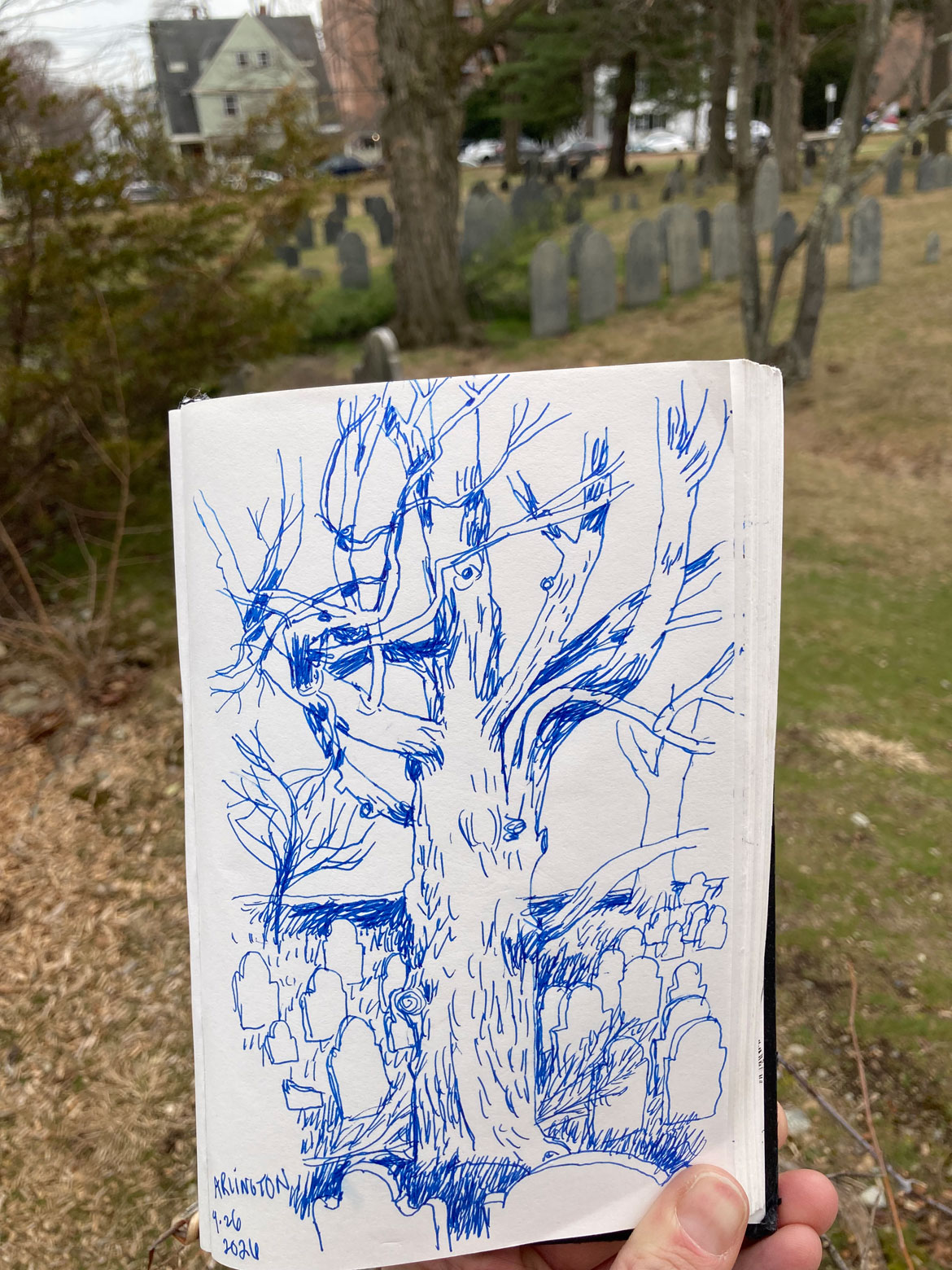 Greg Cook drawing of Arlington cemetery, April 26, 2026. (©Greg Cook)