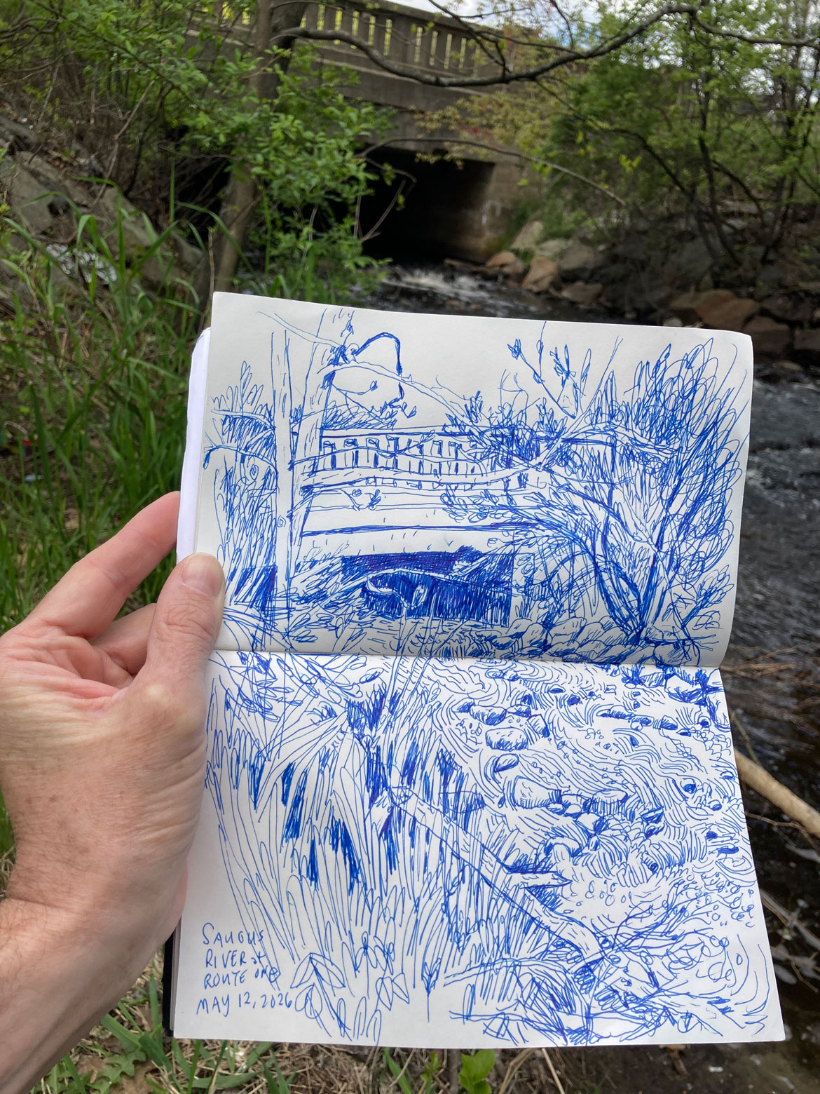 Greg Cook drawing of Saugus River at Route 1, Saugus, May 12, 2026. (©Greg Cook)