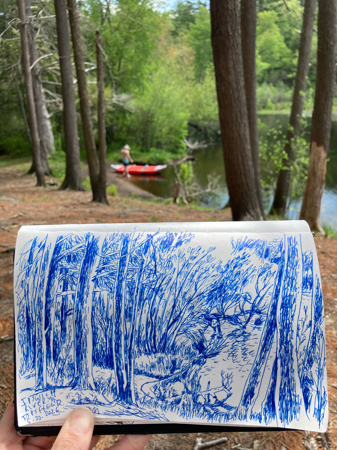 Greg Cook drawing of Ipswich River Canoe Launch, Topsfield, May 20, 2026. (©Greg Cook)