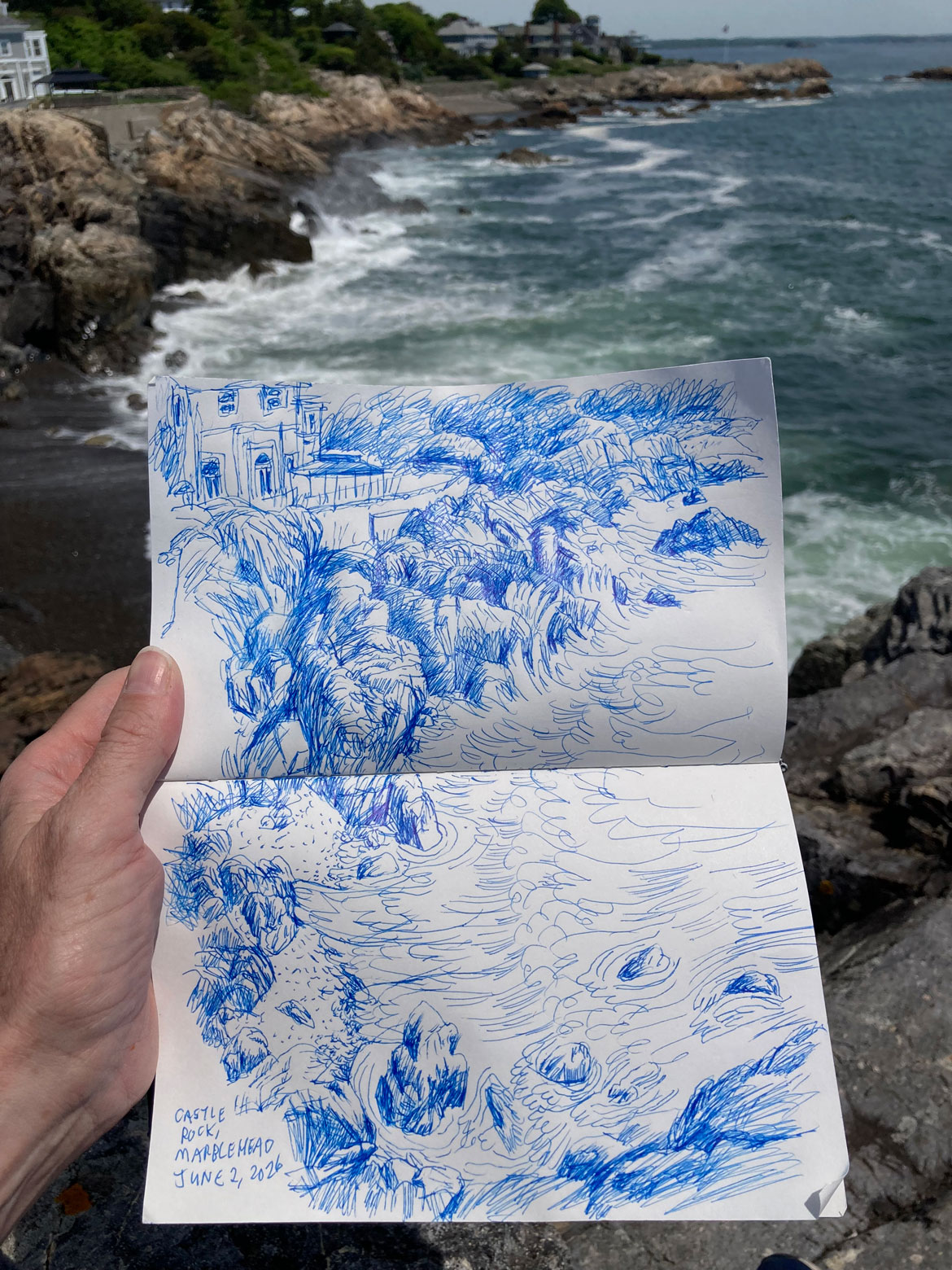 Greg Cook drawing of Castle Rock, Marblehead, June 2, 2026. (©Greg Cook)