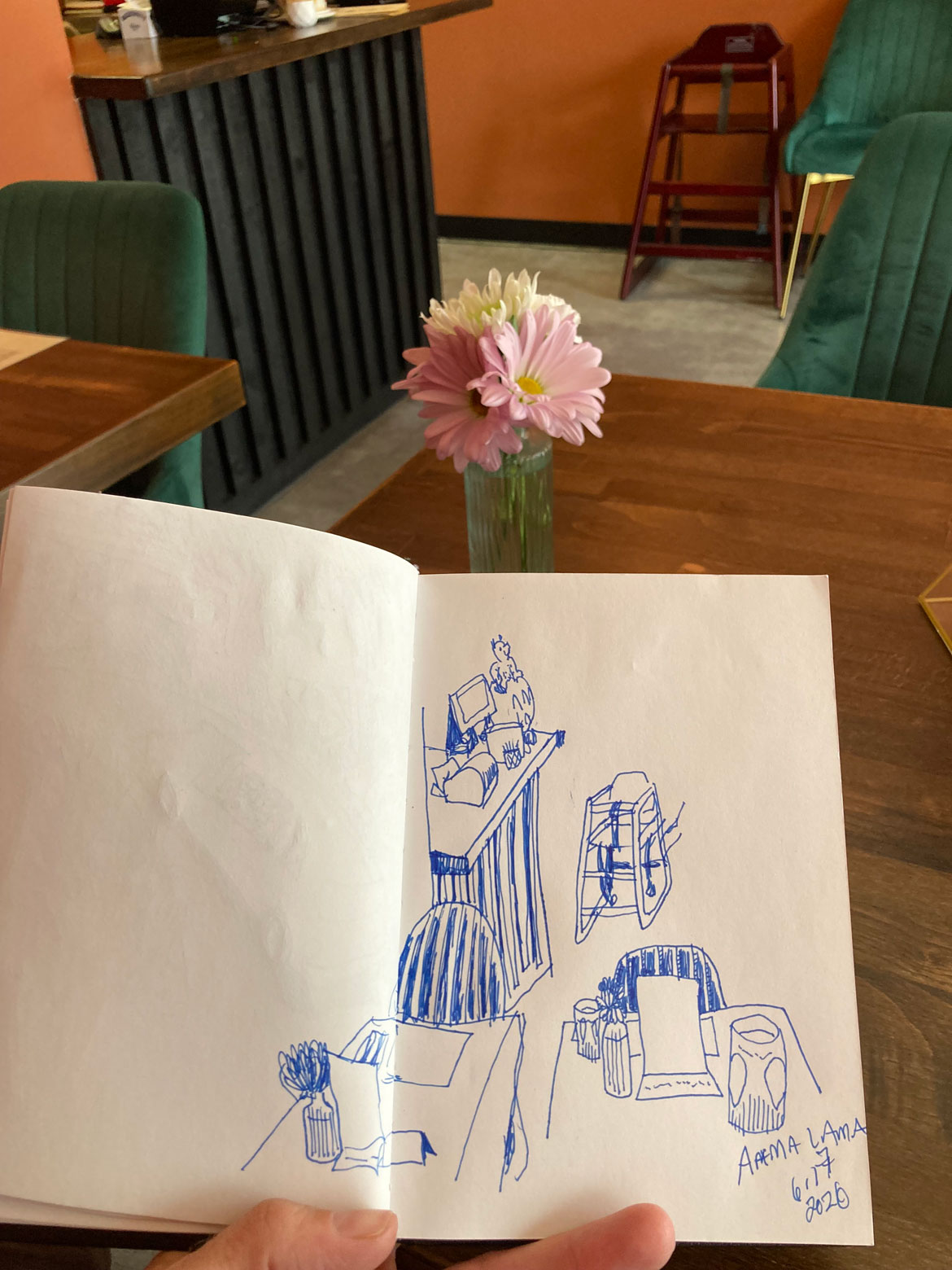 Greg Cook drawing of Aama Lama restaurant, Malden, June 17, 2026. (©Greg Cook)