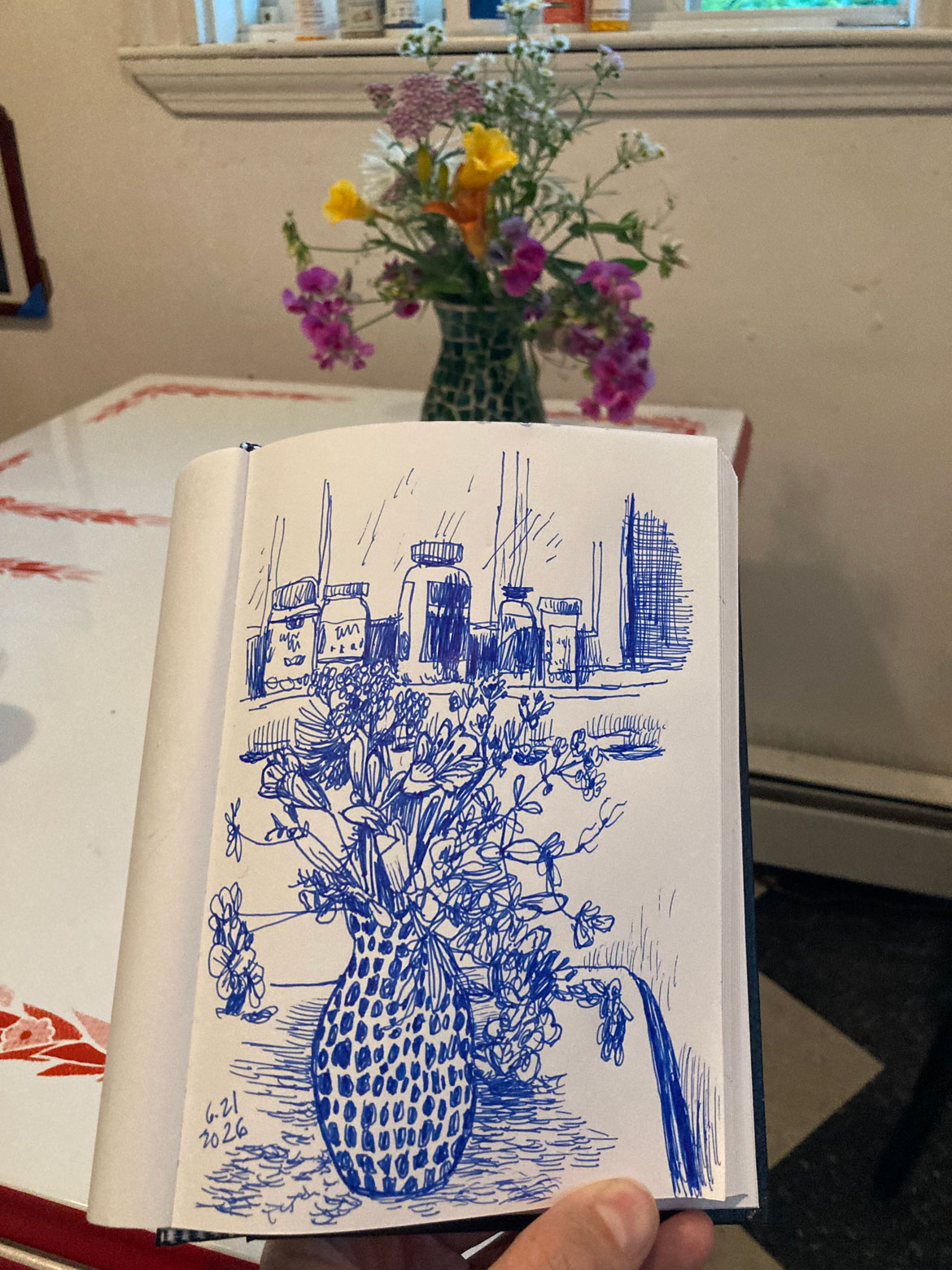Greg Cook drawing of flowers and pills, June 21, 2026. (©Greg Cook)