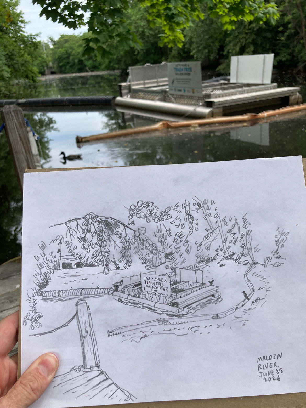 Greg Cook drawing of Malden River Trash Trap, June 22, 2026. (©Greg Cook)