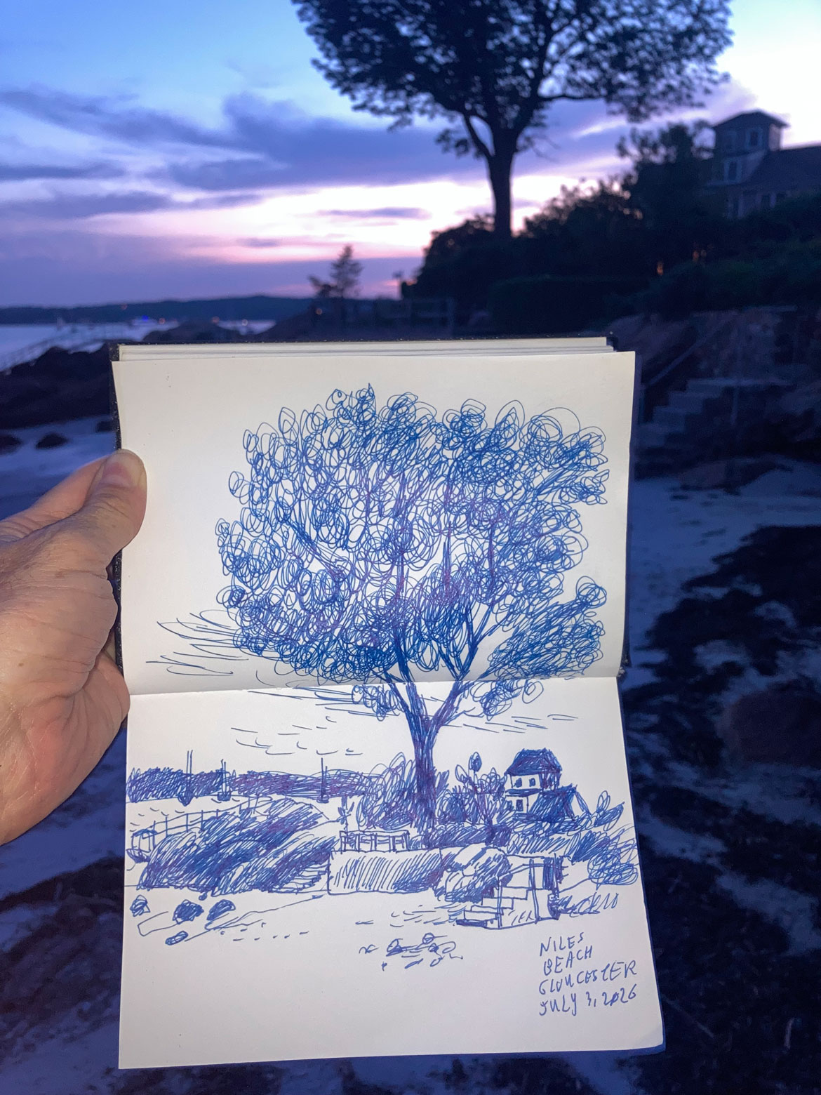 Greg Cook drawing of Niles Beach, Gloucester, July 3, 2026. (©Greg Cook)