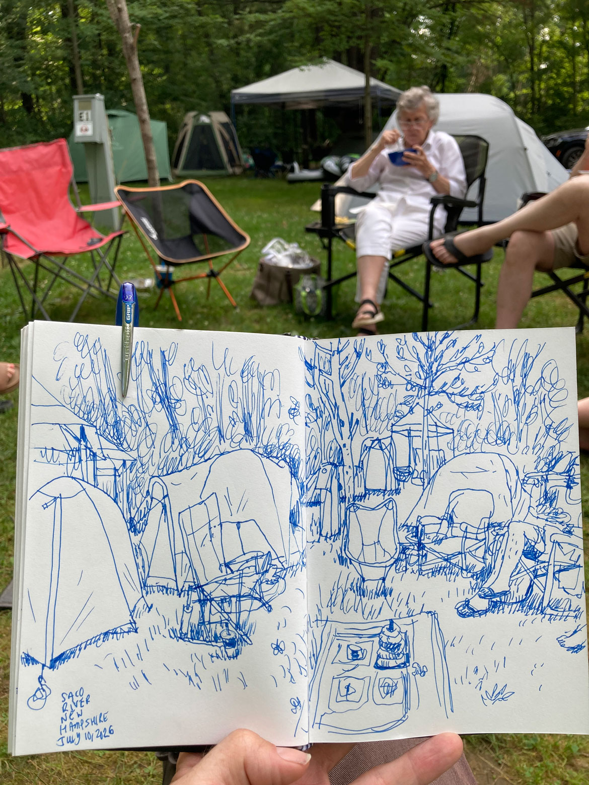 Greg Cook drawing of Saco River campground, Conway, New Hampshire, July 10, 2026. (©Greg Cook)