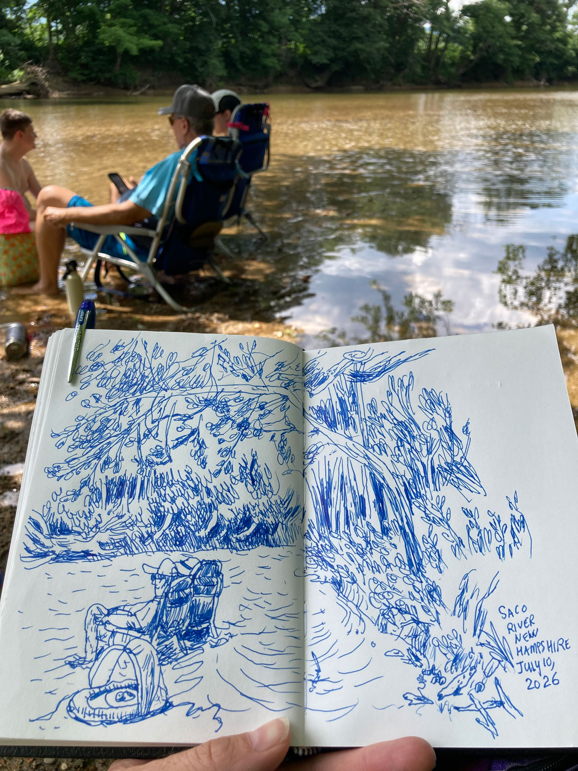 Greg Cook drawing of Saco River, Conway, New Hampshire, July 10, 2026. (©Greg Cook)