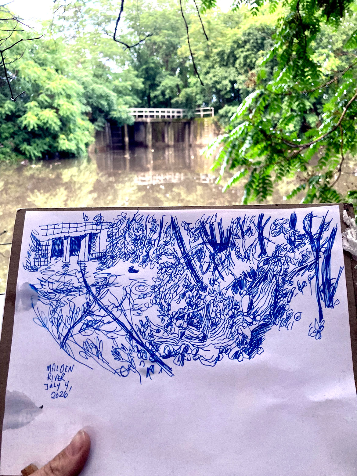 Greg Cook drawing of Malden River, July 4, 2026. (©Greg Cook)