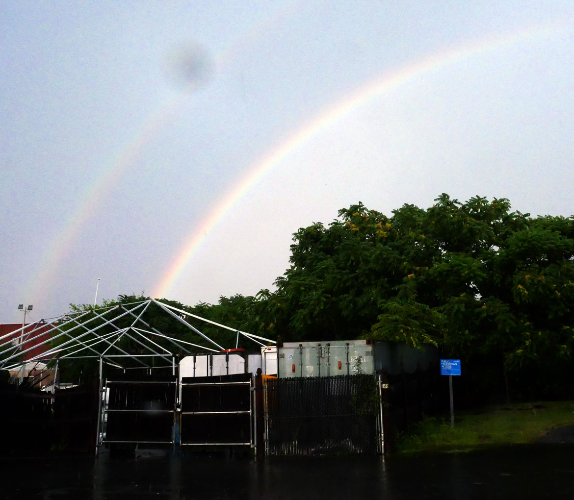 Rainbows over start of Malden River after downpour, 2026. (©Greg Cook photo)