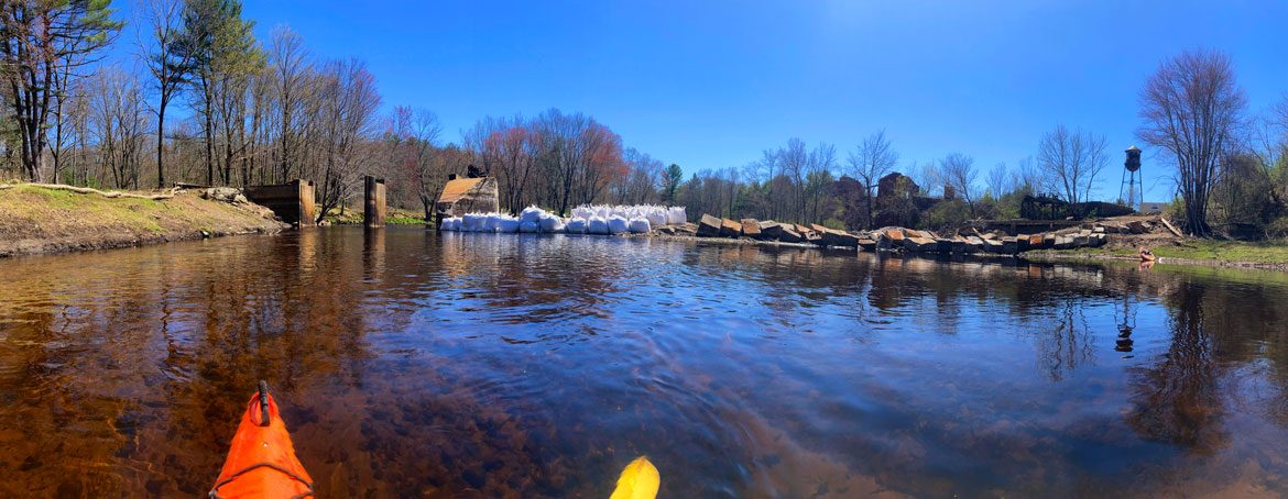 Upstream side of Wheelwright Dam, April 26 2026. (©Greg Cook photo)