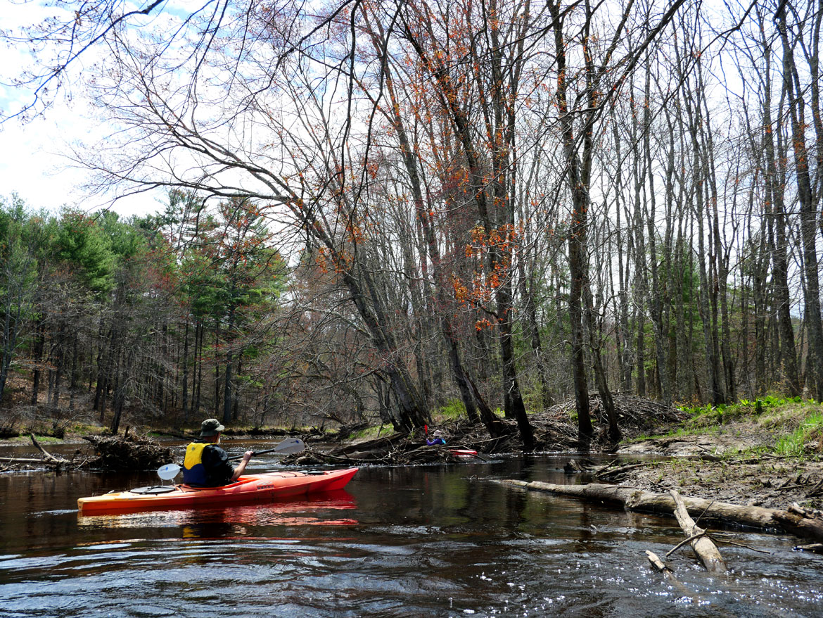 Kayaking toward the Wheelwright Dam, April 26, 2026. (©Greg Cook photo)
