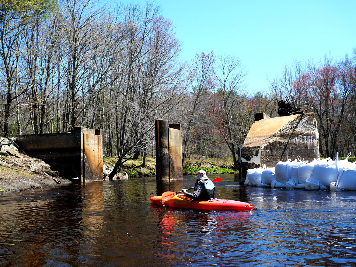 Kayaking through the open Wheelwright Dam, April 26 2026. (©Greg Cook photo)