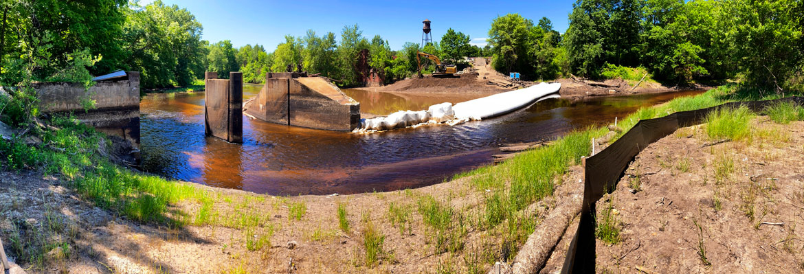 Much of the Wheelwright Dam is gone, June 9, 2026. (©Greg Cook photo)