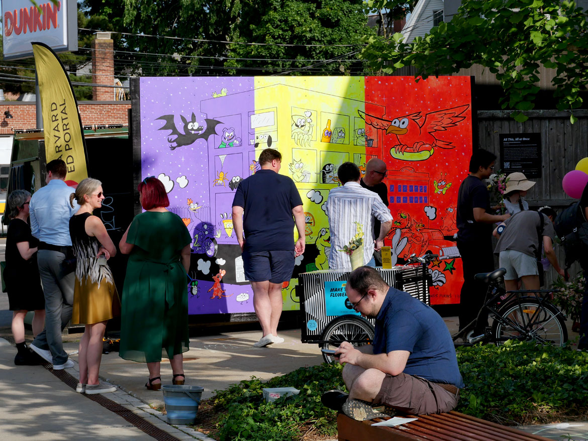 “All This, All at Once” mural by Ansis Puriņš and Blipblipbeep (Jennifer Puriņš) outside the Harvard Ed Portal in Allston, June 2026. (Greg Cook photo)