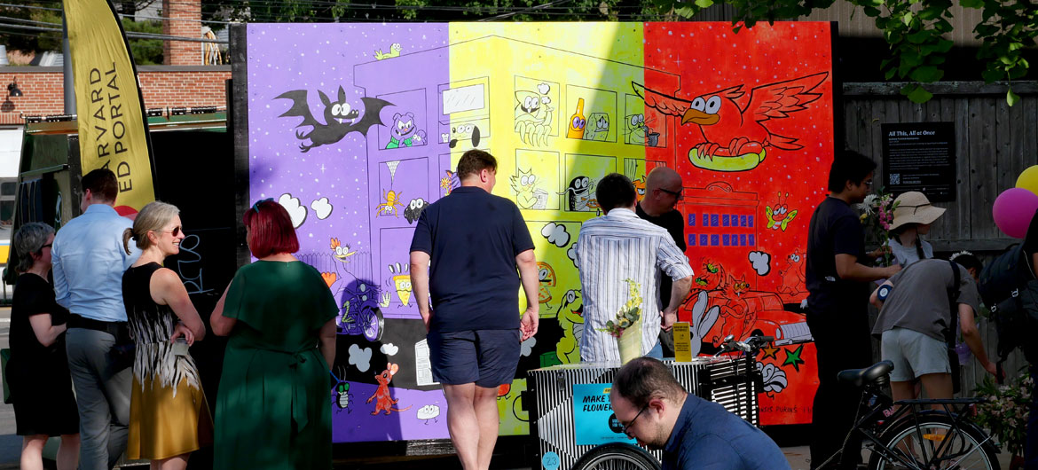“All This, All at Once” mural by Ansis Puriņš and Blipblipbeep (Jennifer Puriņš) outside the Harvard Ed Portal in Allston, June 2026. (Greg Cook photo)