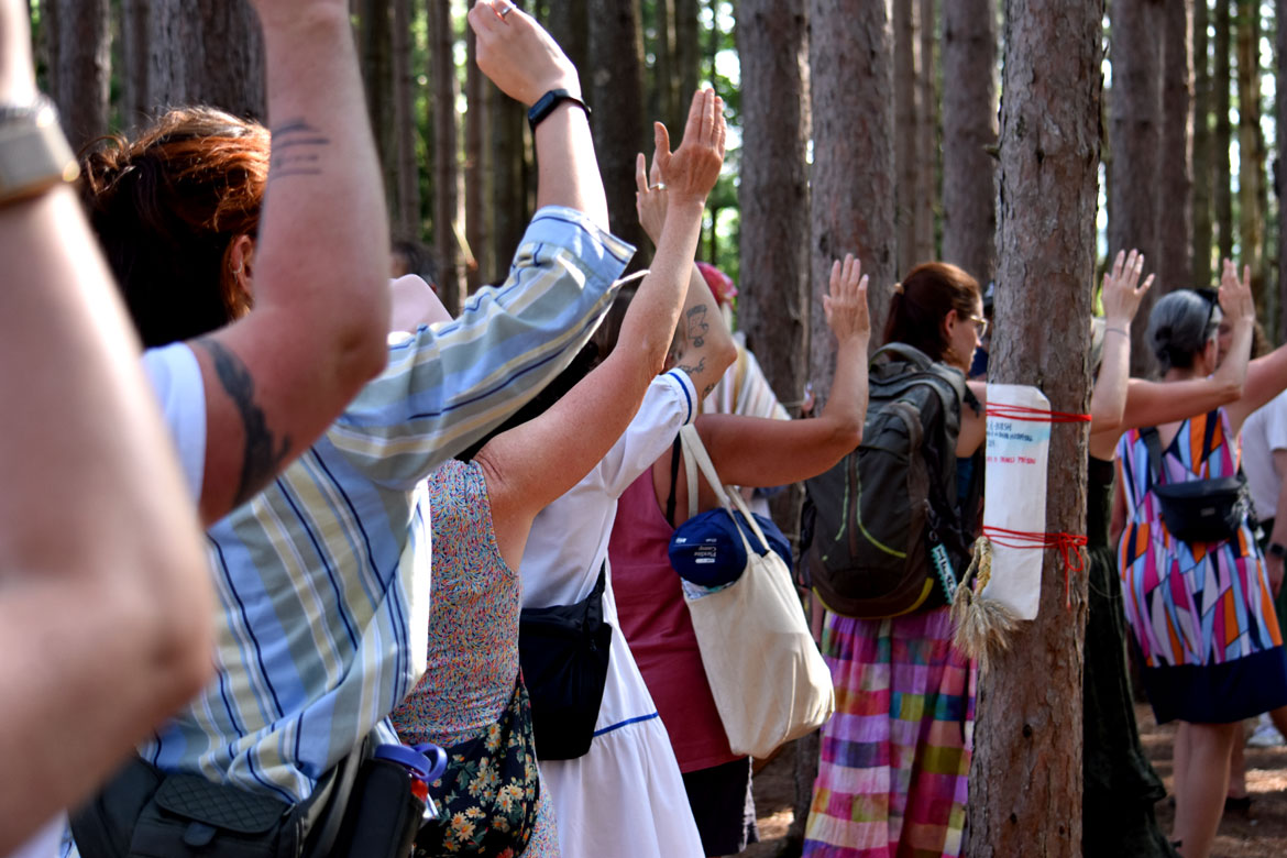 Long line dances in the Pine Forest during Bread and Puppet Theater's "Upside Down World Resurrection Pageant," performed on their Glover, Vermont, farm, July 26, 2026. (©Greg Cook photo)