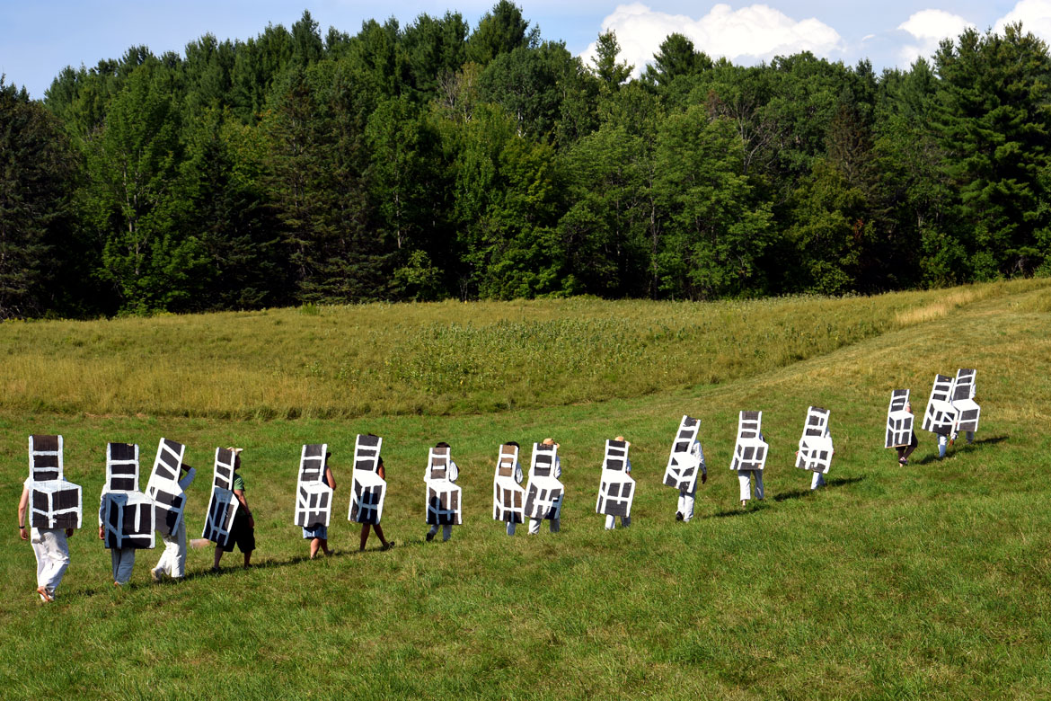 Bread and Puppet Theater's "Upside Down World Resurrection Pageant," performed on their Glover, Vermont, farm, July 26, 2026. (©Greg Cook photo)