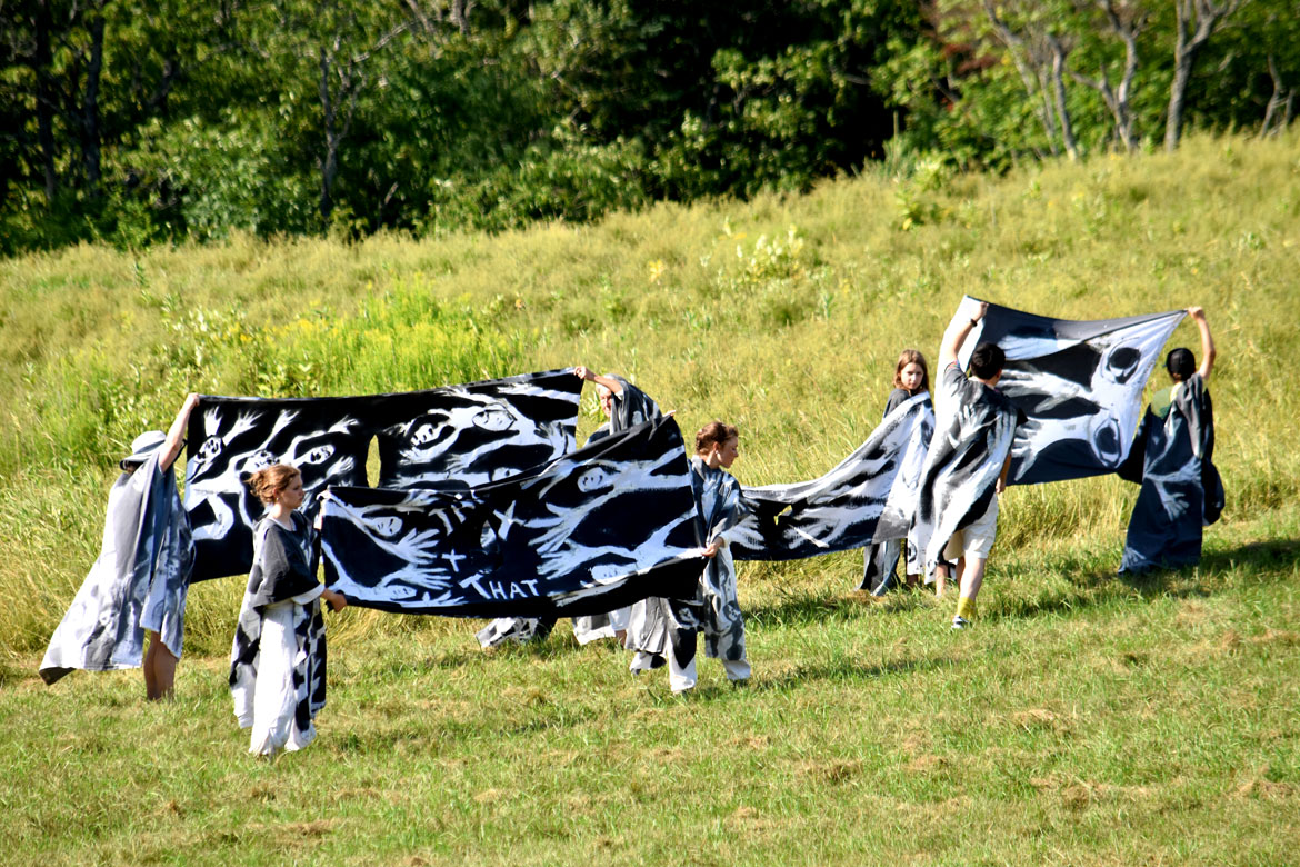 Bread and Puppet Theater's "Upside Down World Resurrection Pageant," performed on their Glover, Vermont, farm, July 26, 2026. (©Greg Cook photo)