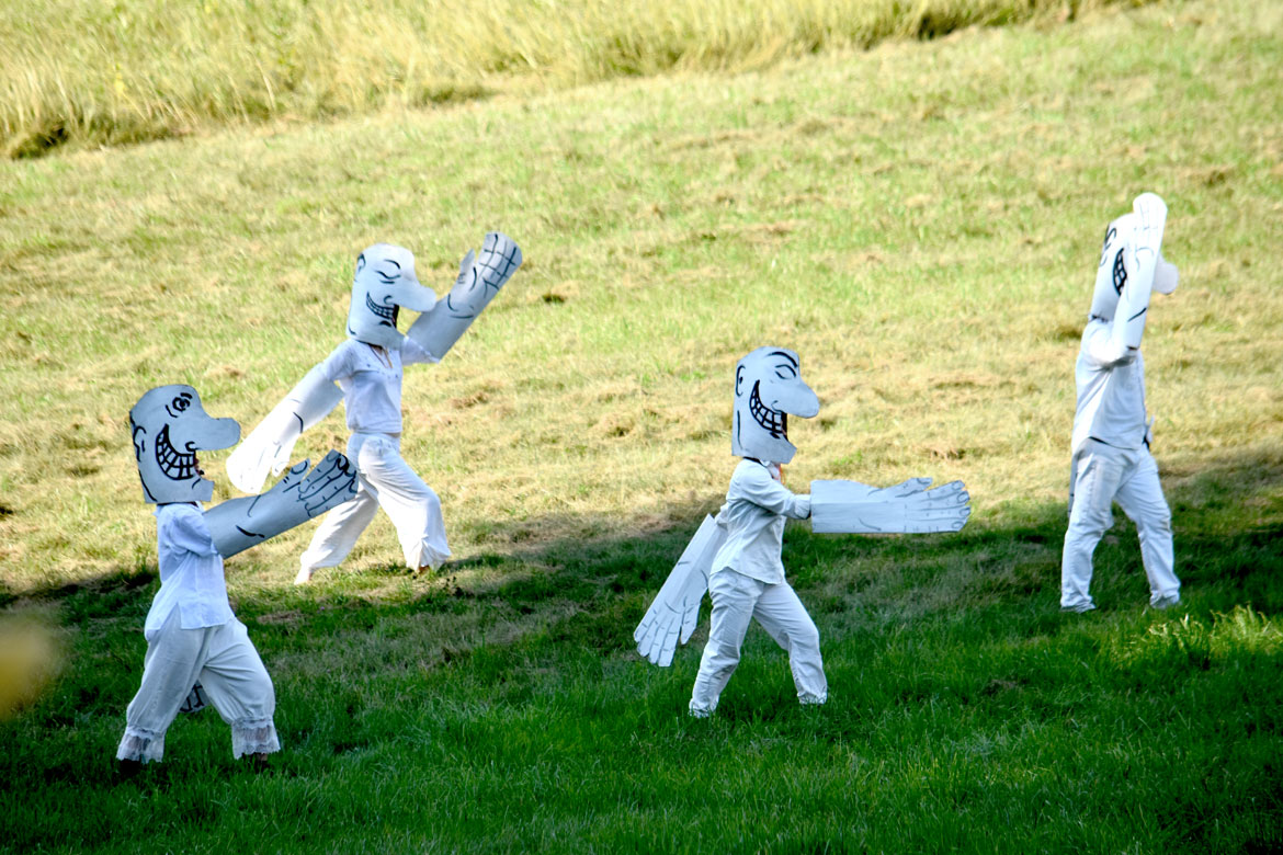 Bread and Puppet Theater's "Upside Down World Resurrection Pageant," performed on their Glover, Vermont, farm, July 26, 2026. (©Greg Cook photo)