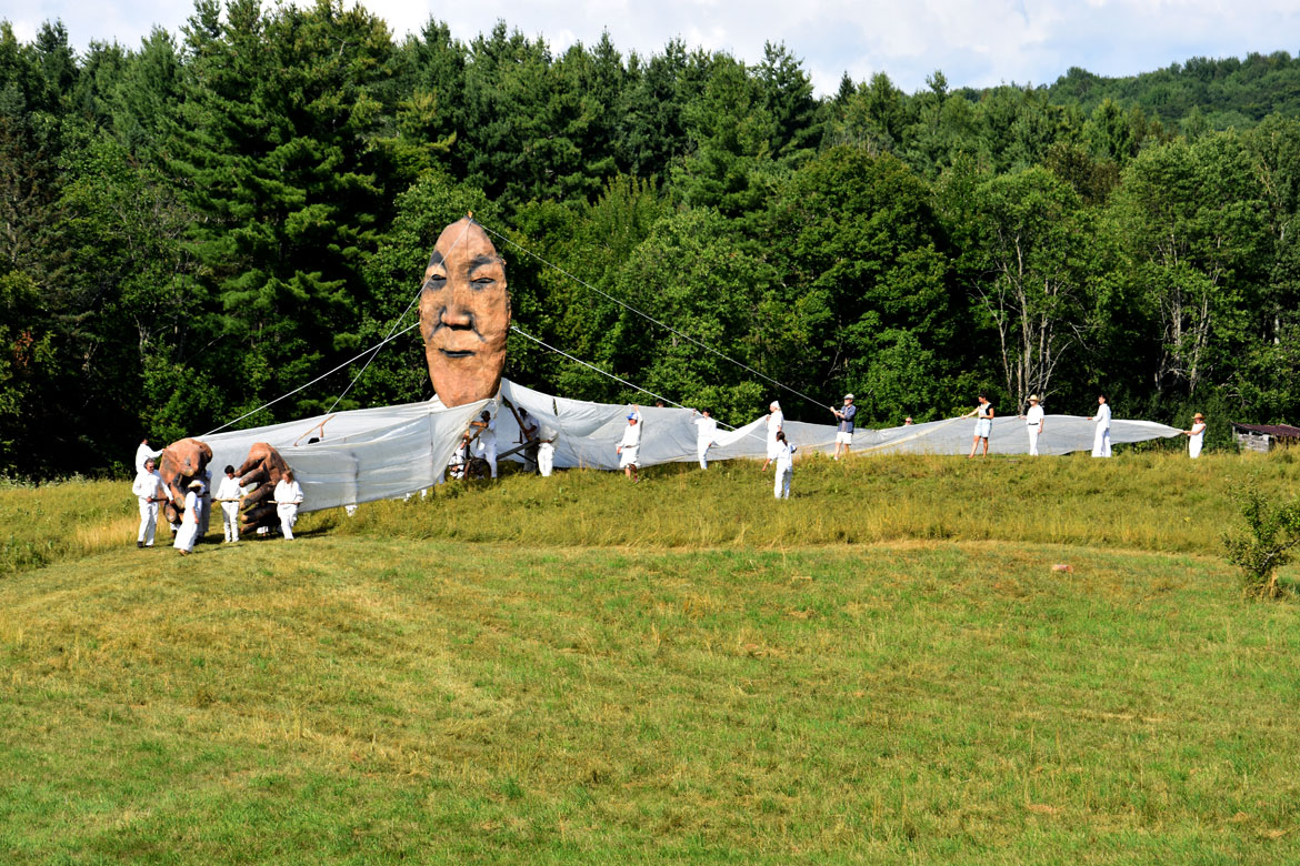 Bread and Puppet Theater's "Upside Down World Resurrection Pageant," performed on their Glover, Vermont, farm, July 26, 2026. (©Greg Cook photo)
