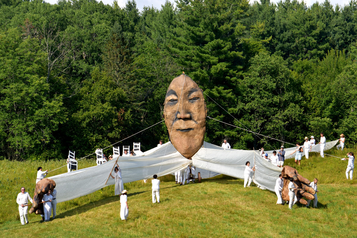 Bread and Puppet Theater's "Upside Down World Resurrection Pageant," performed on their Glover, Vermont, farm, July 26, 2026. (©Greg Cook photo)