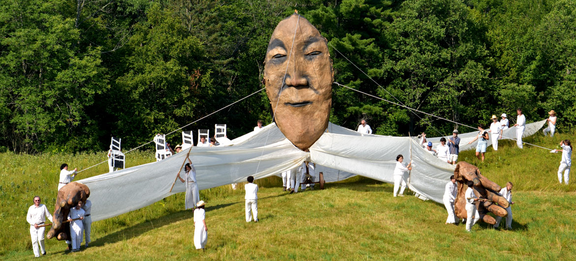 Bread and Puppet Theater's "Upside Down World Resurrection Pageant," performed on their Glover, Vermont, farm, July 26, 2026. (©Greg Cook photo)