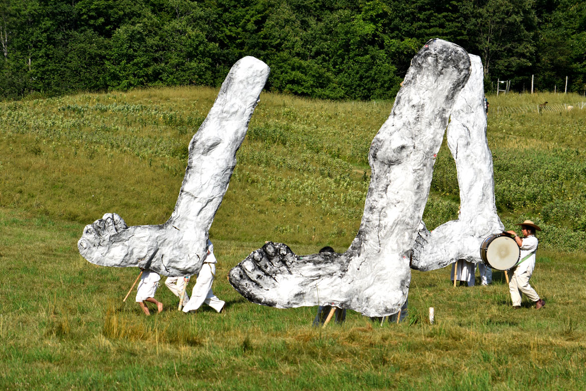 Bread and Puppet Theater's "Upside Down World Resurrection Pageant," performed on their Glover, Vermont, farm, July 26, 2026. (©Greg Cook photo)
