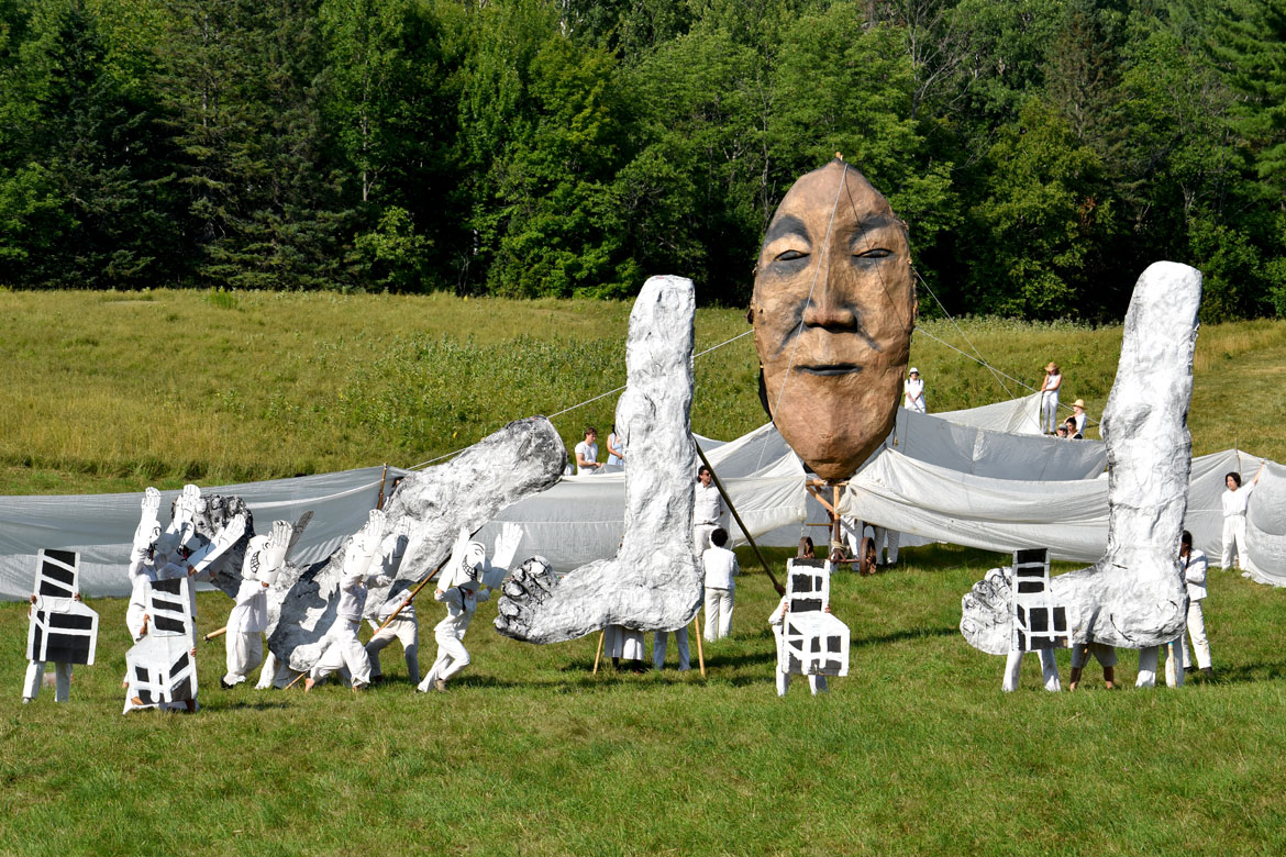 Bread and Puppet Theater's "Upside Down World Resurrection Pageant," performed on their Glover, Vermont, farm, July 26, 2026. (©Greg Cook photo)