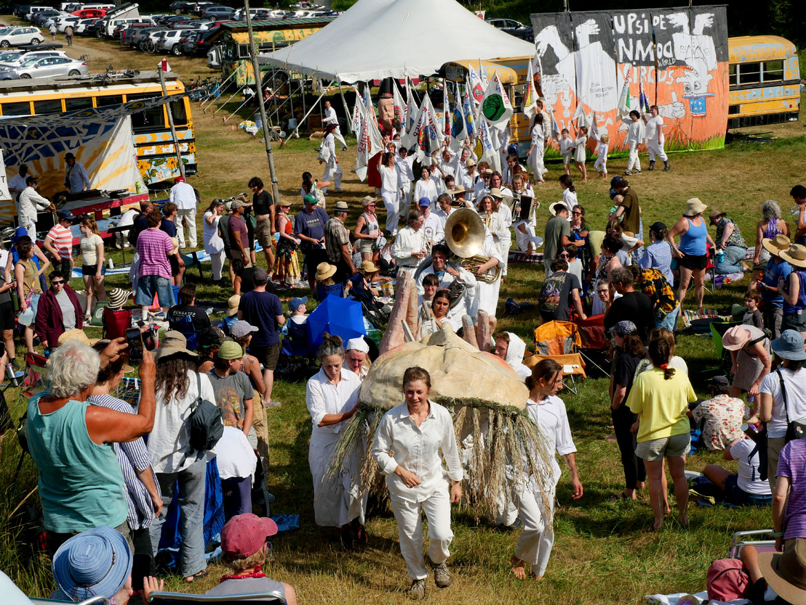 Bread and Puppet Theater's "Upside Down World Resurrection Pageant," performed on their Glover, Vermont, farm, July 26, 2026. (©Greg Cook photo)