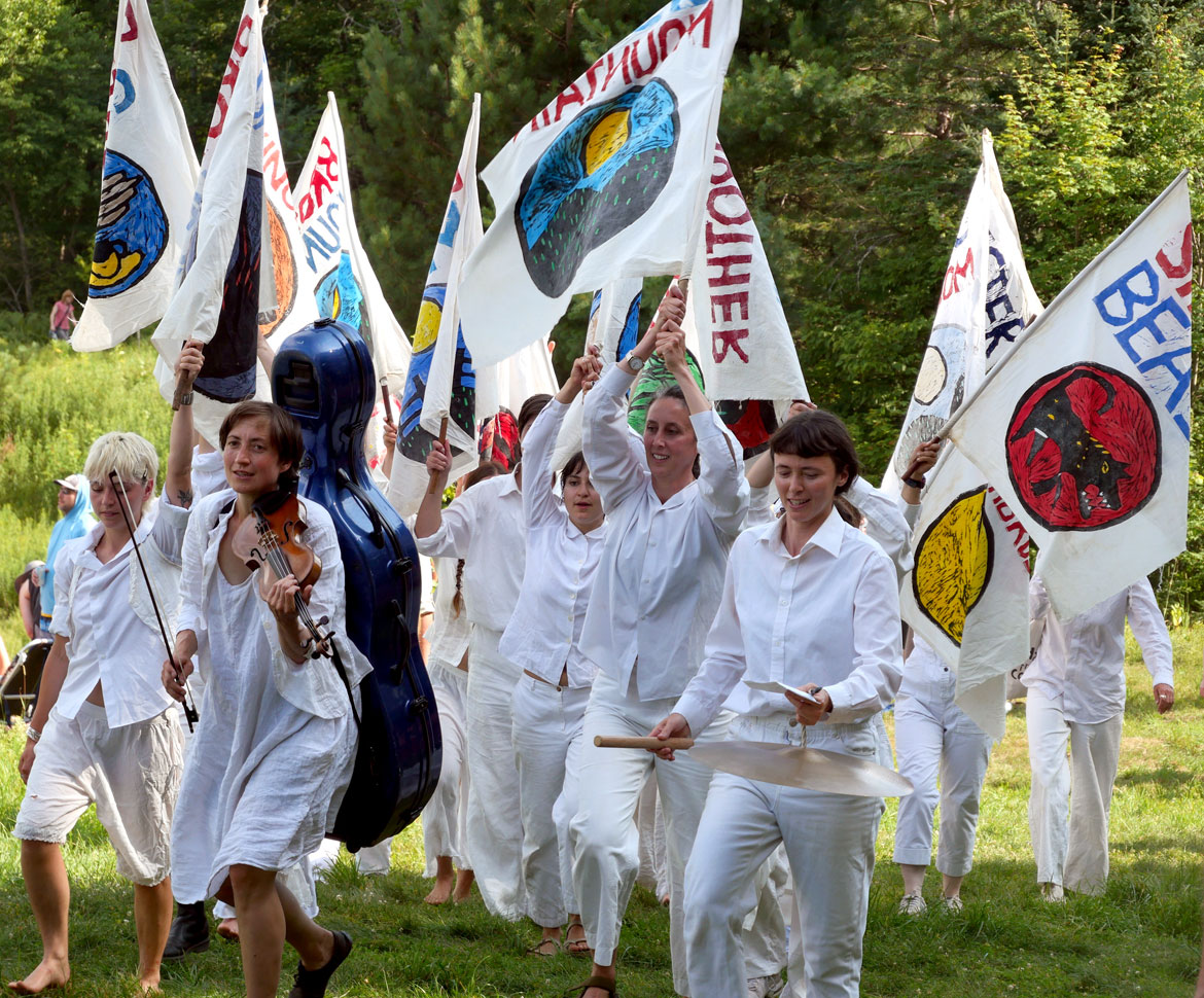 Bread and Puppet Theater's "Upside Down World Resurrection Pageant," performed on their Glover, Vermont, farm, July 26, 2026. (©Greg Cook photo)