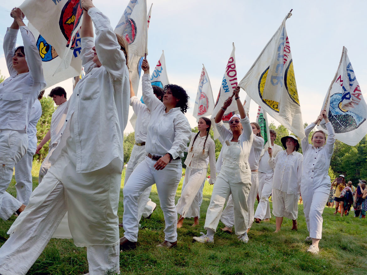 Bread and Puppet Theater's "Upside Down World Resurrection Pageant," performed on their Glover, Vermont, farm, July 26, 2026. (©Greg Cook photo)