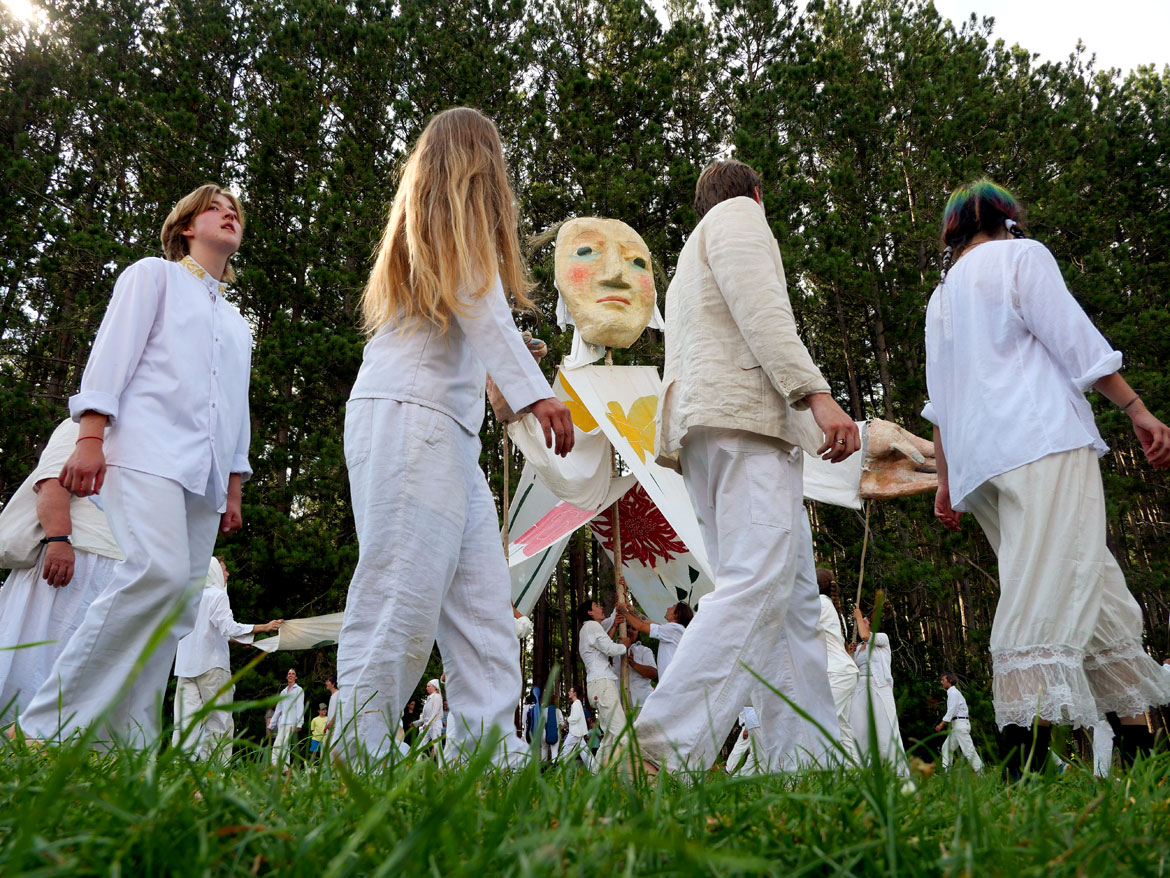 Bread and Puppet Theater's "Upside Down World Resurrection Pageant," performed on their Glover, Vermont, farm, July 26, 2026. (©Greg Cook photo)