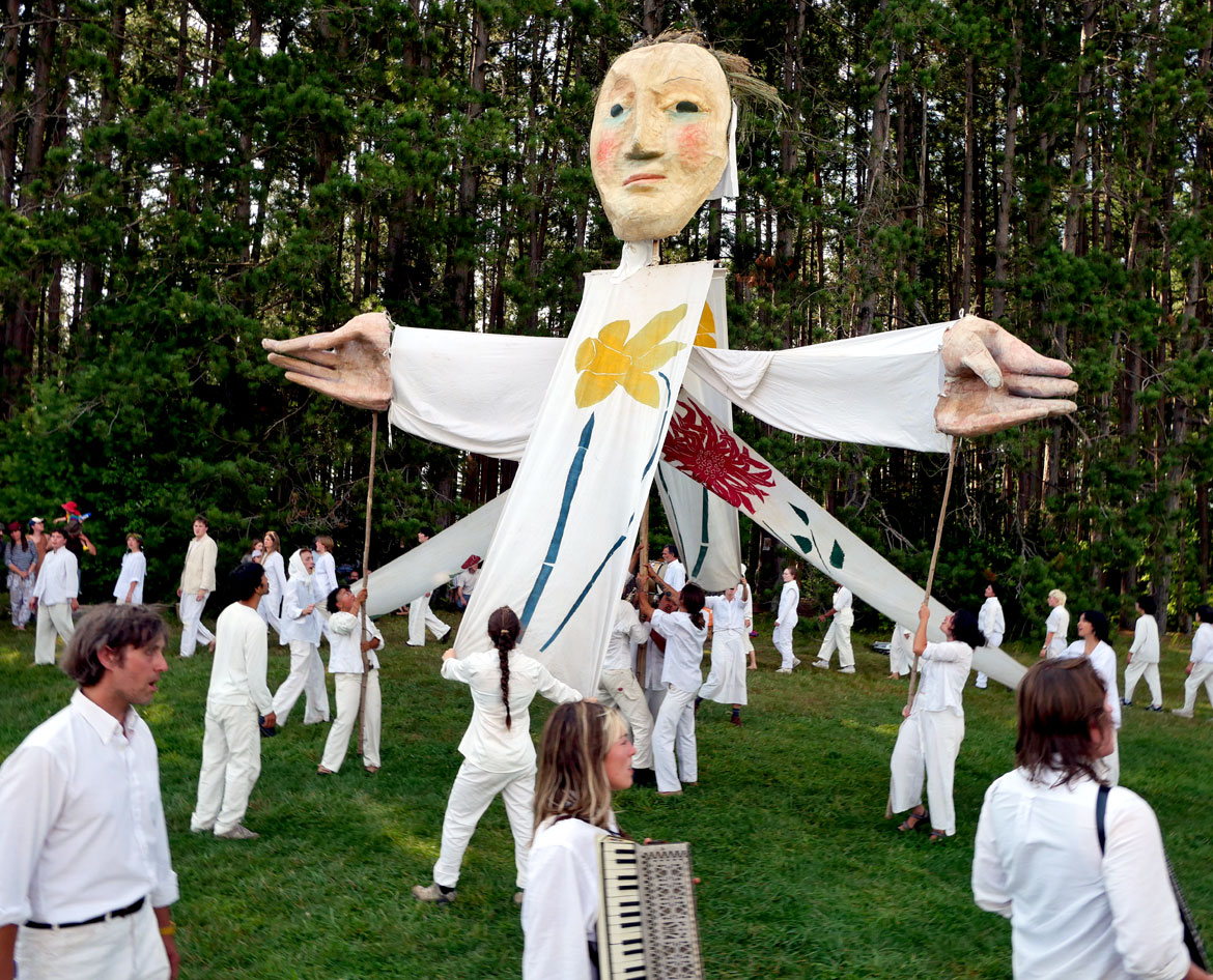 Bread and Puppet Theater's "Upside Down World Resurrection Pageant," performed on their Glover, Vermont, farm, July 26, 2026. (©Greg Cook photo)