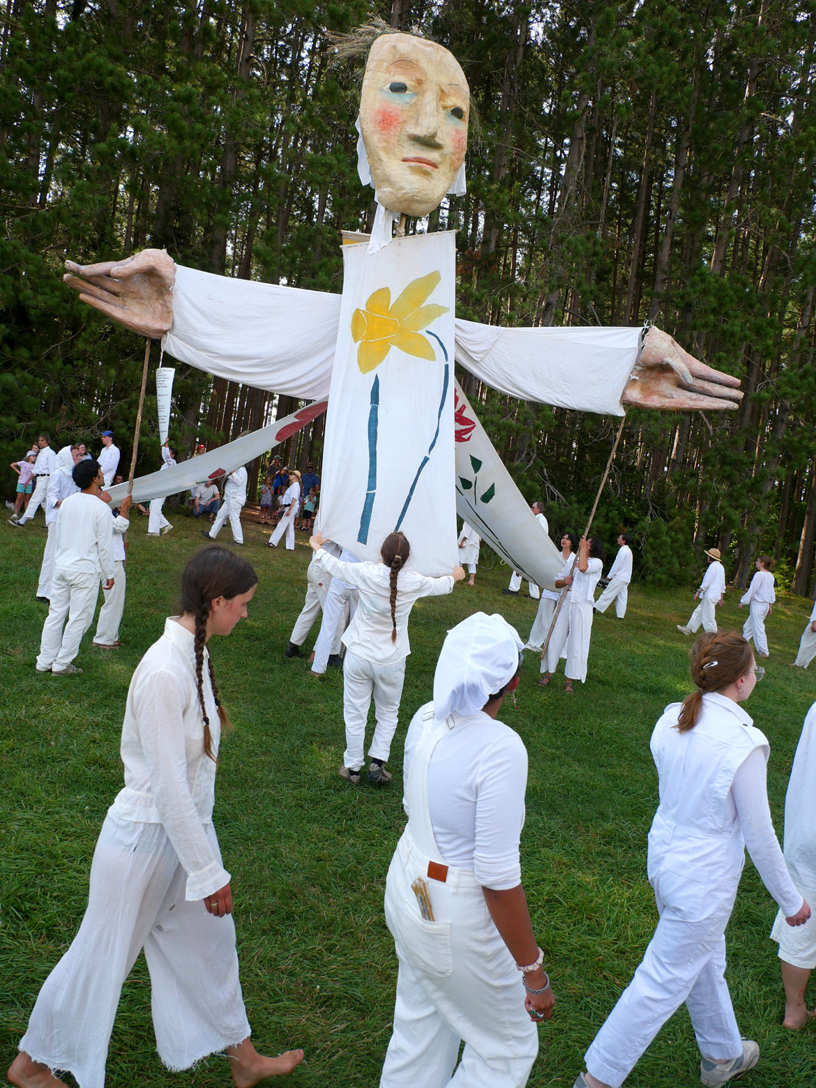 Bread and Puppet Theater's "Upside Down World Resurrection Pageant," performed on their Glover, Vermont, farm, July 26, 2026. (©Greg Cook photo)
