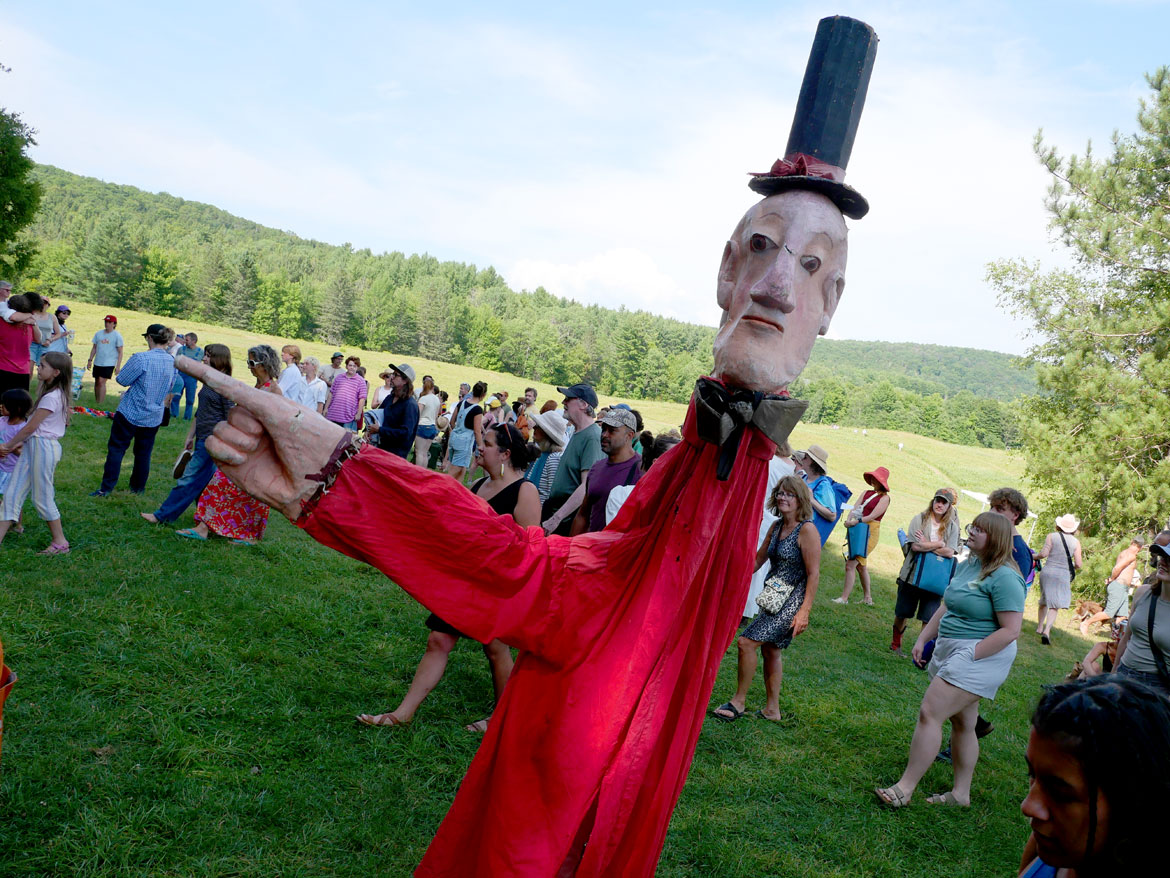 Bread and Puppet Theater's "Upside Down World Resurrection Pageant," performed on their Glover, Vermont, farm, July 26, 2026. (©Greg Cook photo)