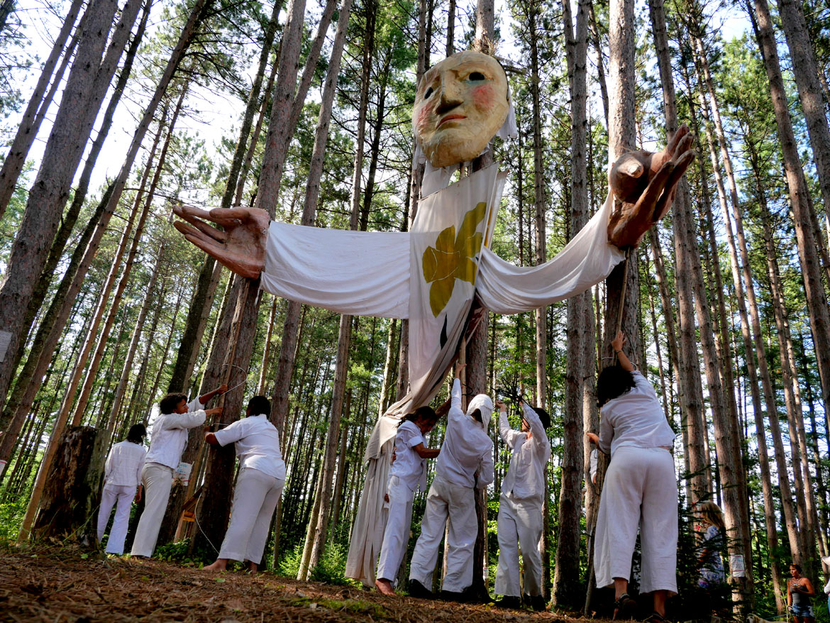 Bread and Puppet Theater's "Upside Down World Resurrection Pageant," performed on their Glover, Vermont, farm, July 26, 2026. (©Greg Cook photo)