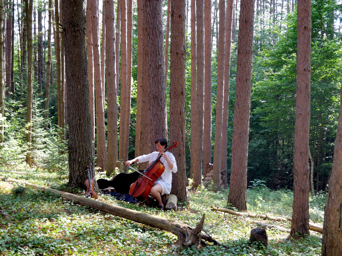In the Pine Forest during Bread and Puppet Theater's "Upside Down World Resurrection Pageant," performed on their Glover, Vermont, farm, July 26, 2026. (©Greg Cook photo)
